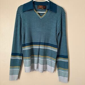 Sundowner Vintage Sweater Men LARGE 1980s Knit Striped Retro Preppy Hipster Blue